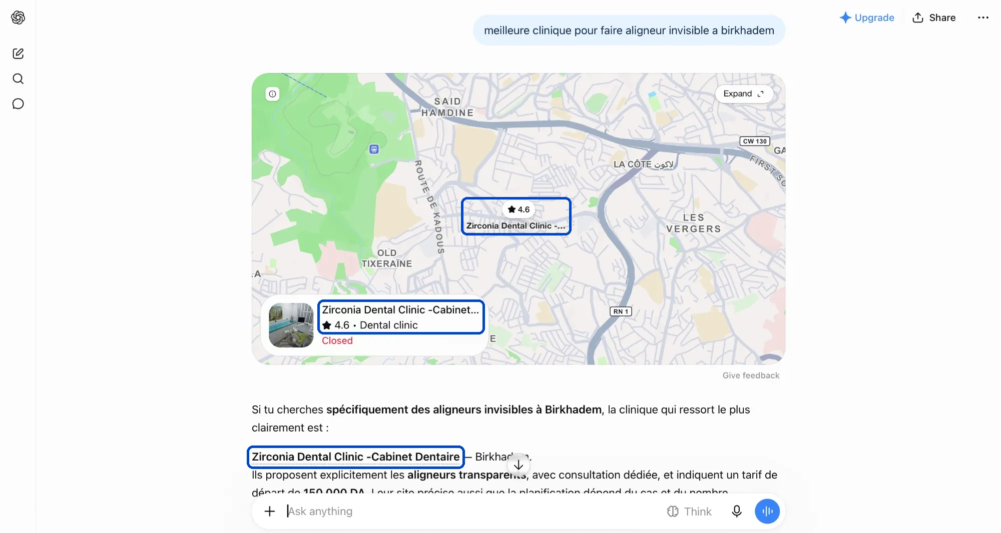 ChatGPT répond à « meilleure clinique pour faire aligneur invisible a birkhadem ». Zirconia Dental Clinic est encadrée sur la carte, sur sa fiche et dans la réponse, où ChatGPT la désigne comme la clinique qui ressort le plus clairement